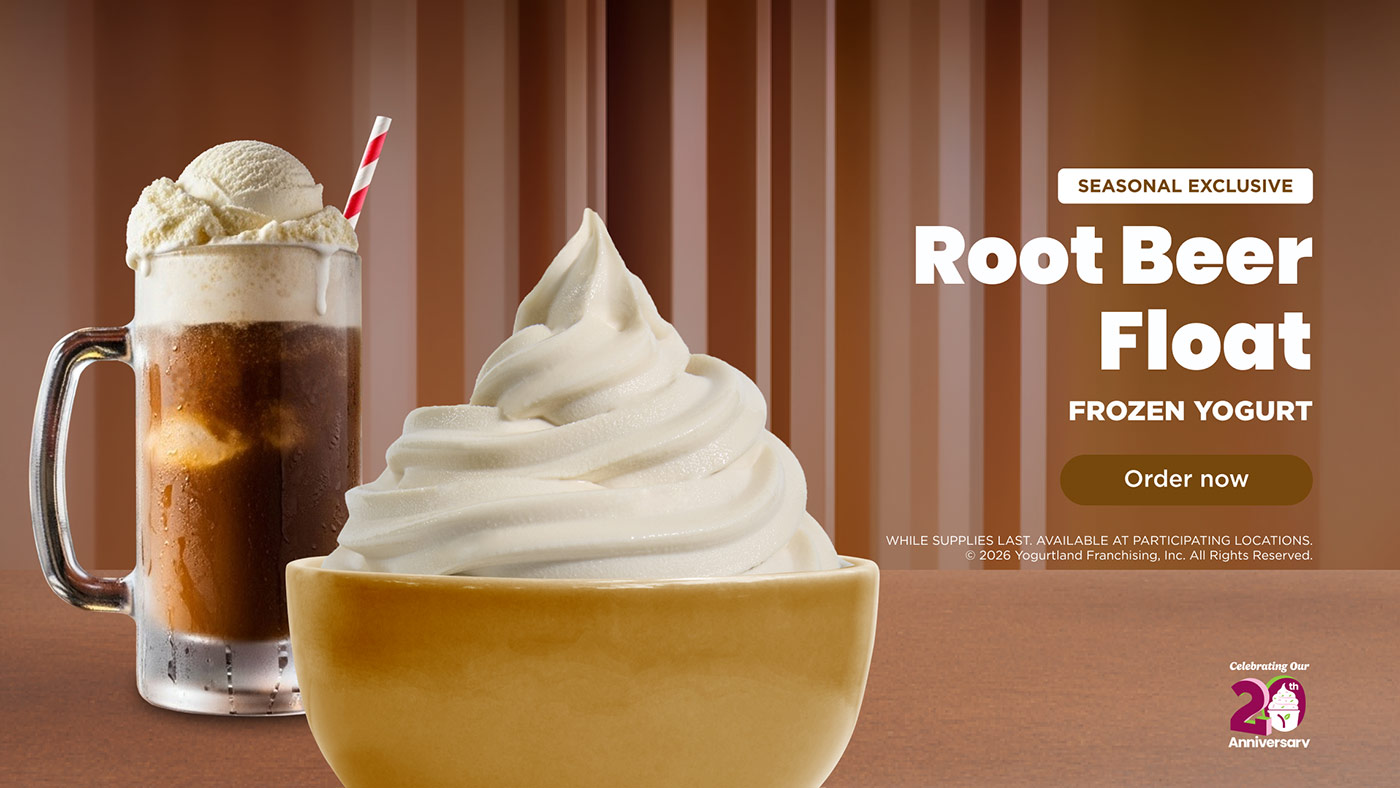 Seasonal Exclusive: Root Beer Float frozen yogurt. Order Now! While supplies last. Available at participating Locations. Copyright 2026 Yogurtland Franchising, Inc. All Rights Reserved.